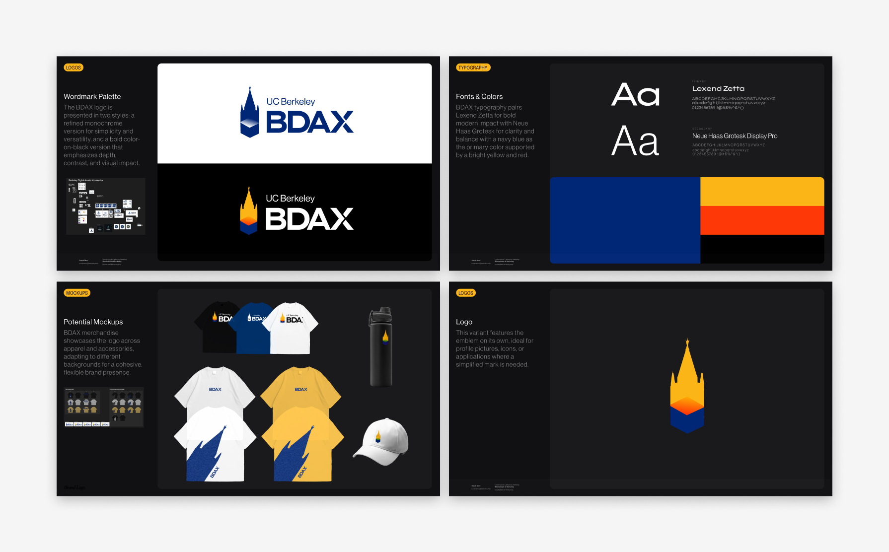 BDAX brand system with logos, typography, colors, and merchandise