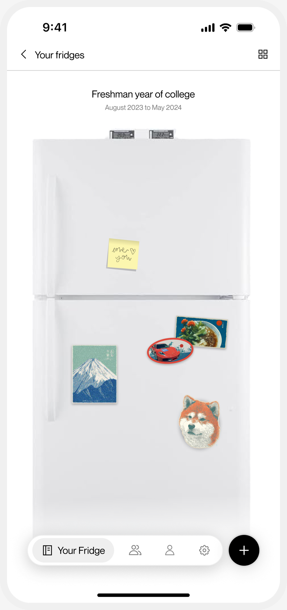 Magnets home — freshman year fridge detail