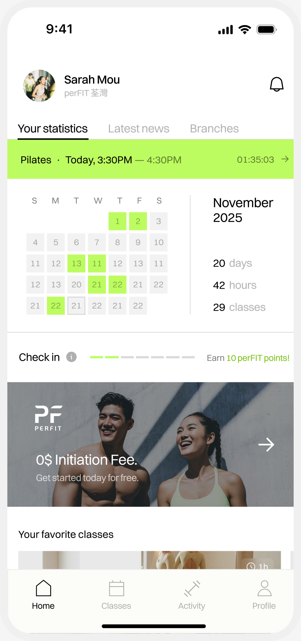perFIT activity — dashboard with AI workout recommendations