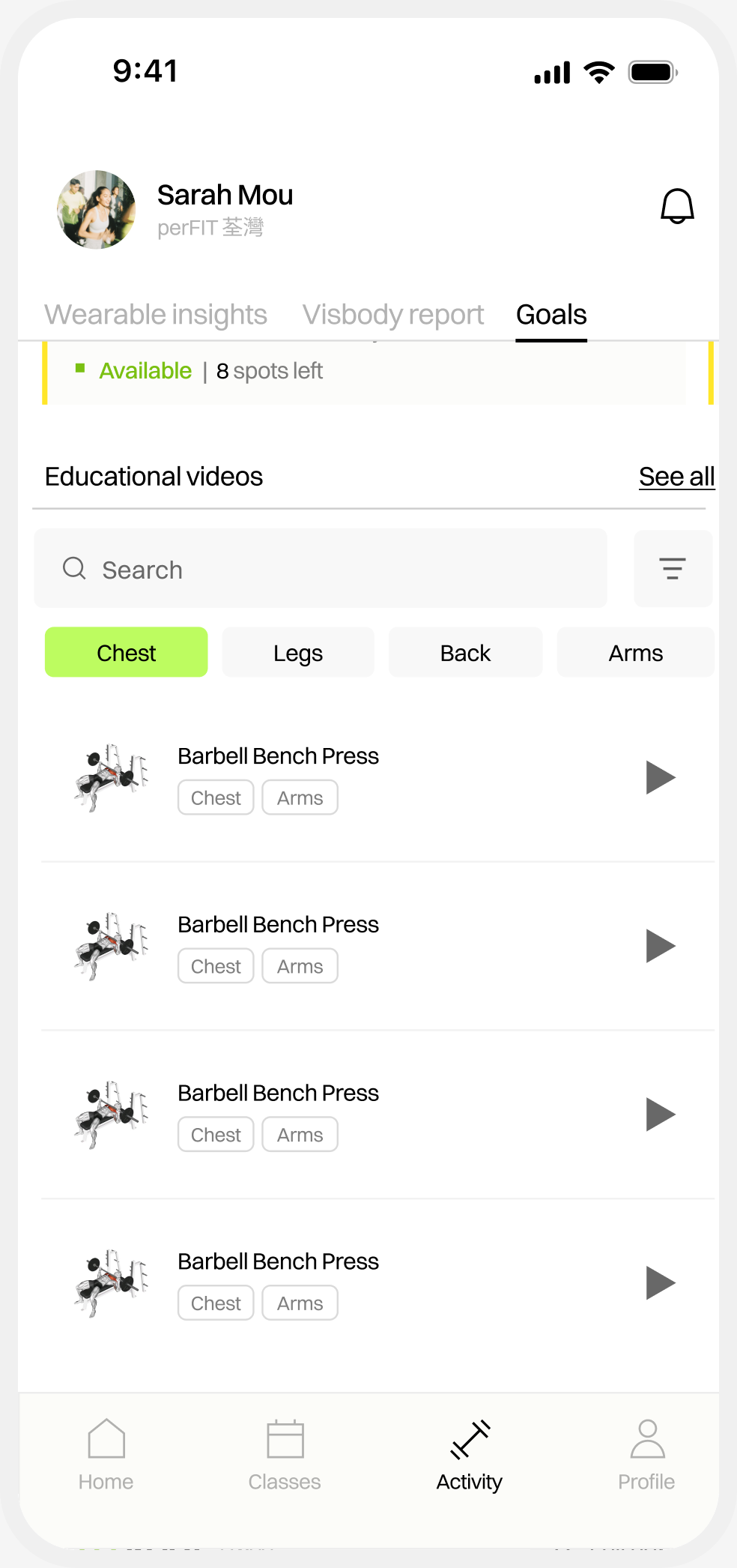 perFIT activity — fitness goals and progress