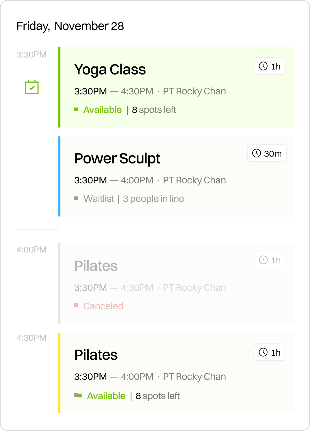 perFIT schedule for Friday, November 28