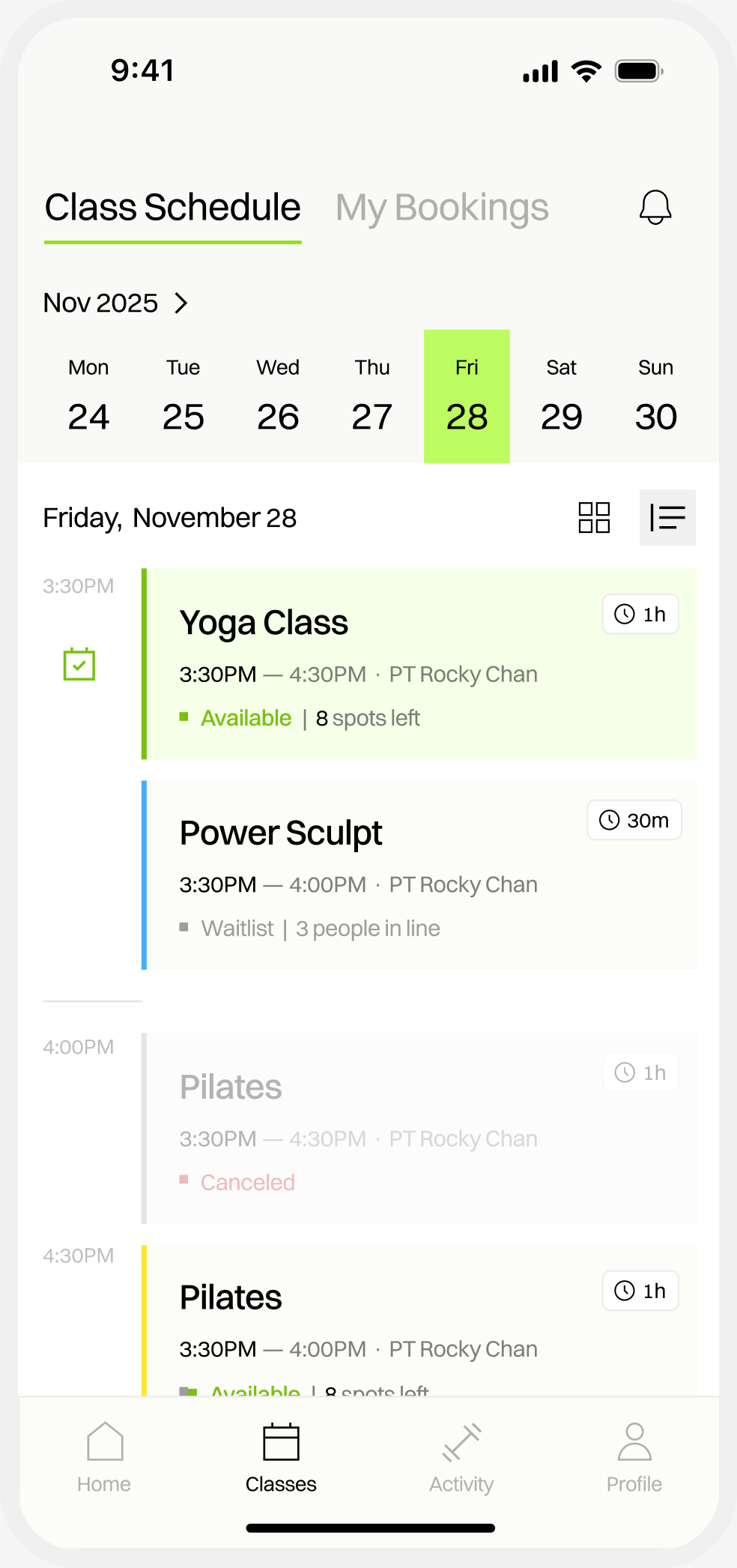 perFIT home — My Bookings schedule for Wednesday