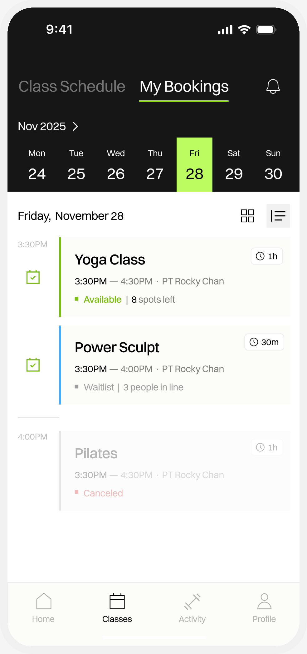 perFIT home — My Bookings schedule for Thursday