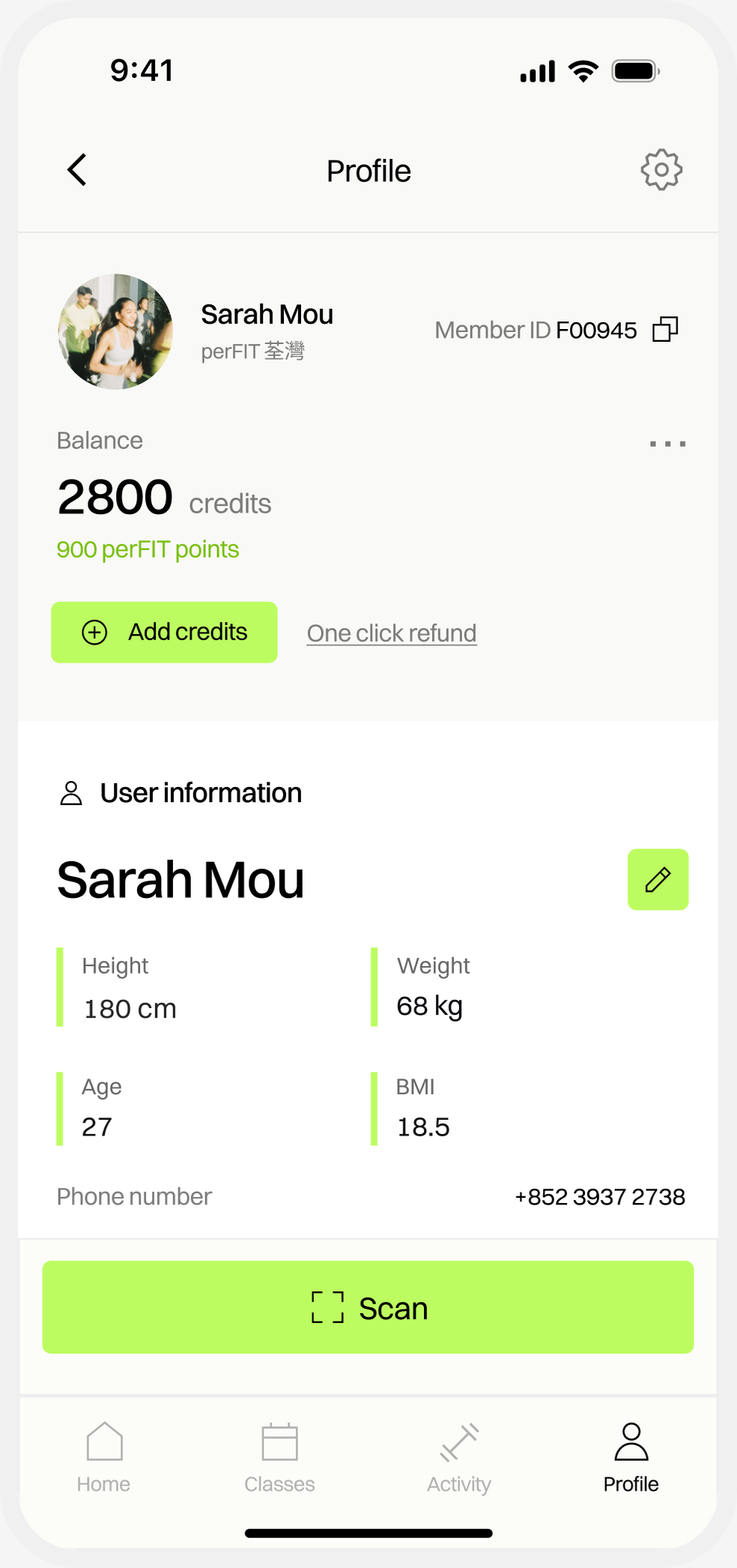 perFIT profile — membership balance, stats, and activity
