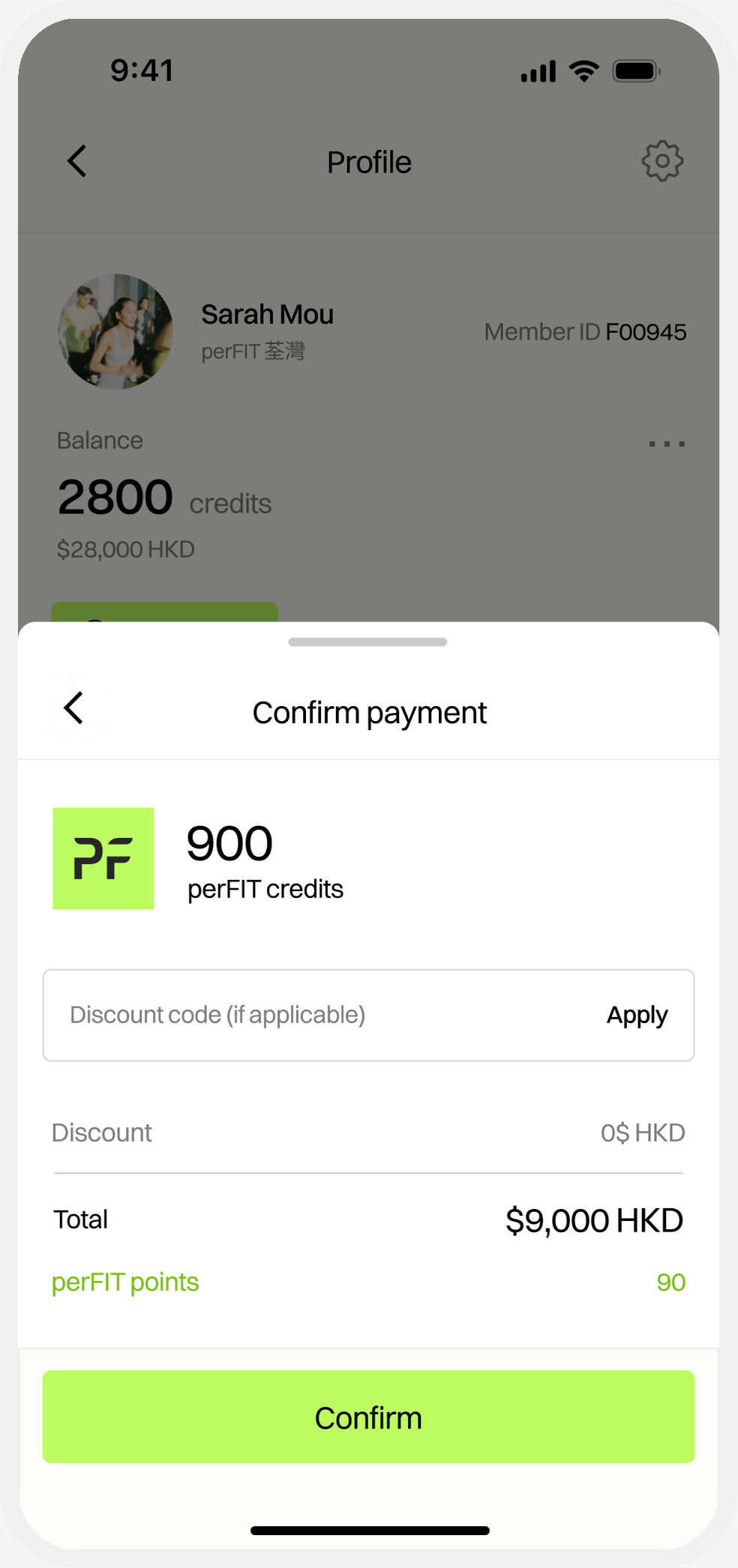 perFIT profile — gym participation and credits detail