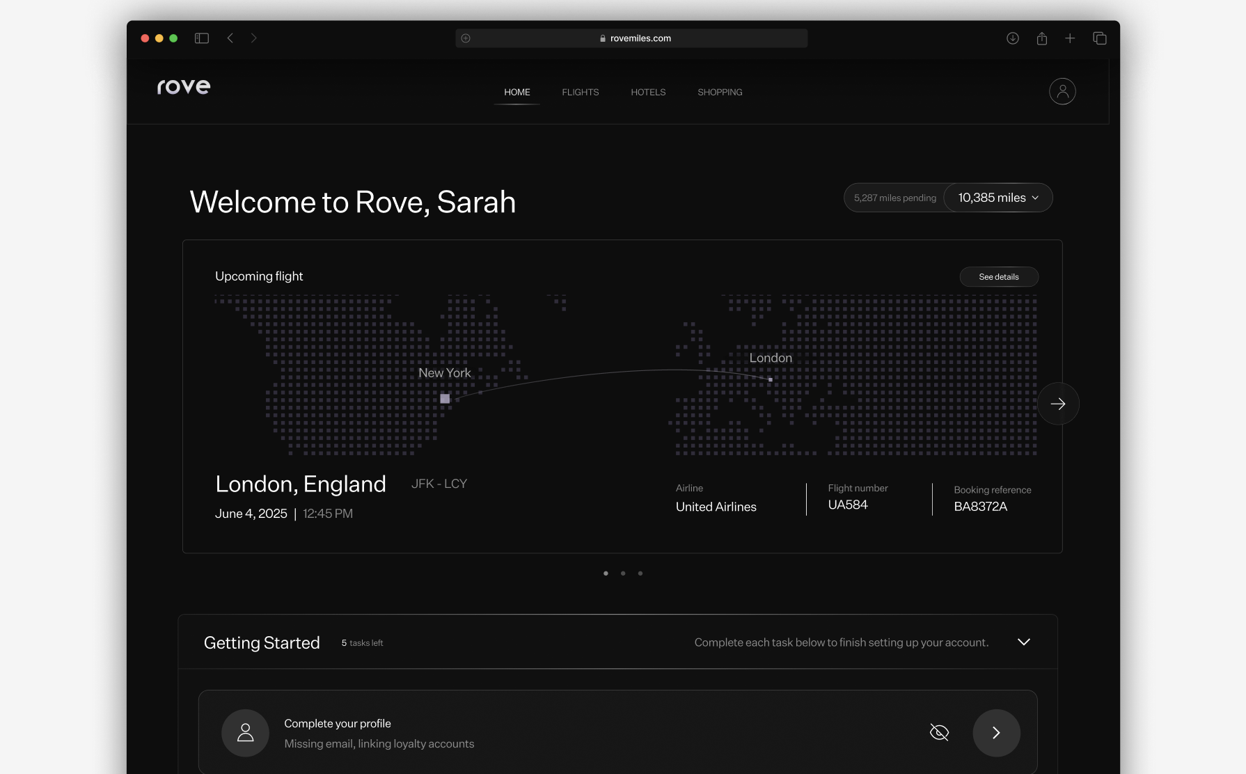 Rove Miles user dashboard